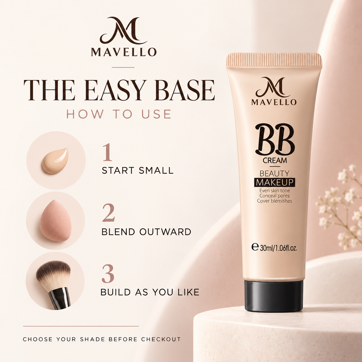 Mavello BB Cream how to use: start small, blend outward, build as desired; packaging concept