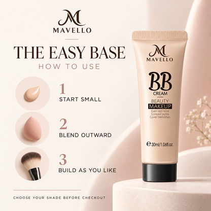 Mavello BB Cream how to use: start small, blend outward, build as desired; packaging concept